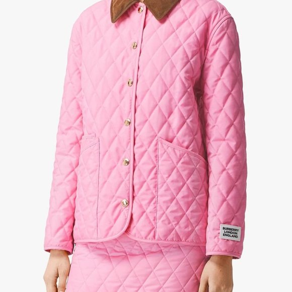 BURBERRY Diamond quilted jacket XS BUBBLE GUM Pink brown corduroy collar ๐ HP - Picture 5 of 16
